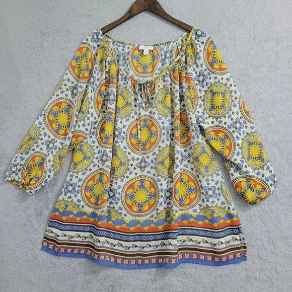 Charter Club Womens 2X Boho Medallion Print Peasant Chiffon Blouse     5PT - Picture 1 of 6